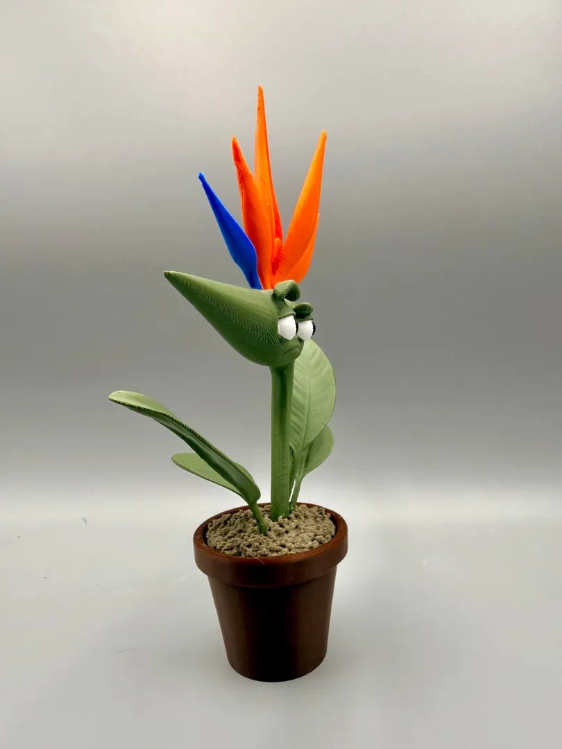 Grumpy Bird of Paradise sculpture, three-quarter view
