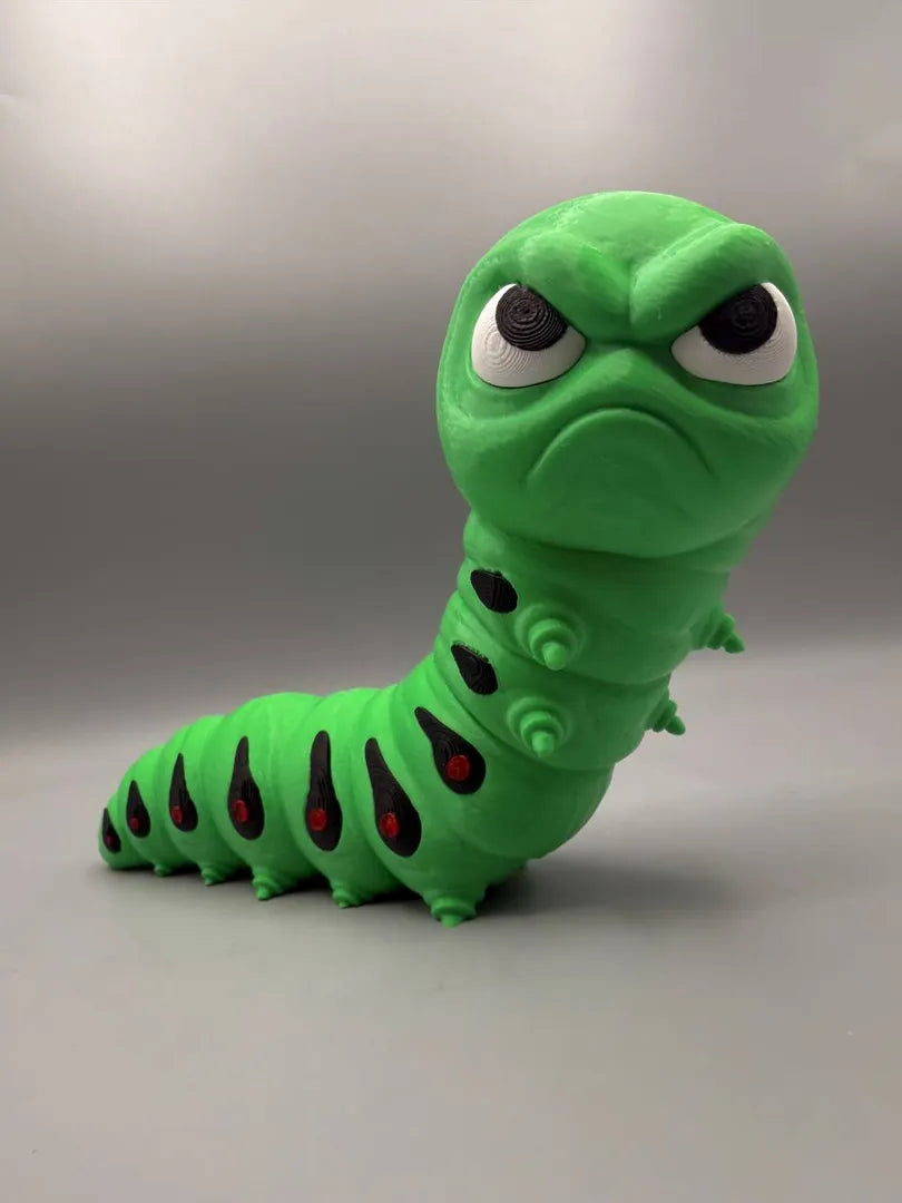 Grumpy Caterpillar sculpture, close front view