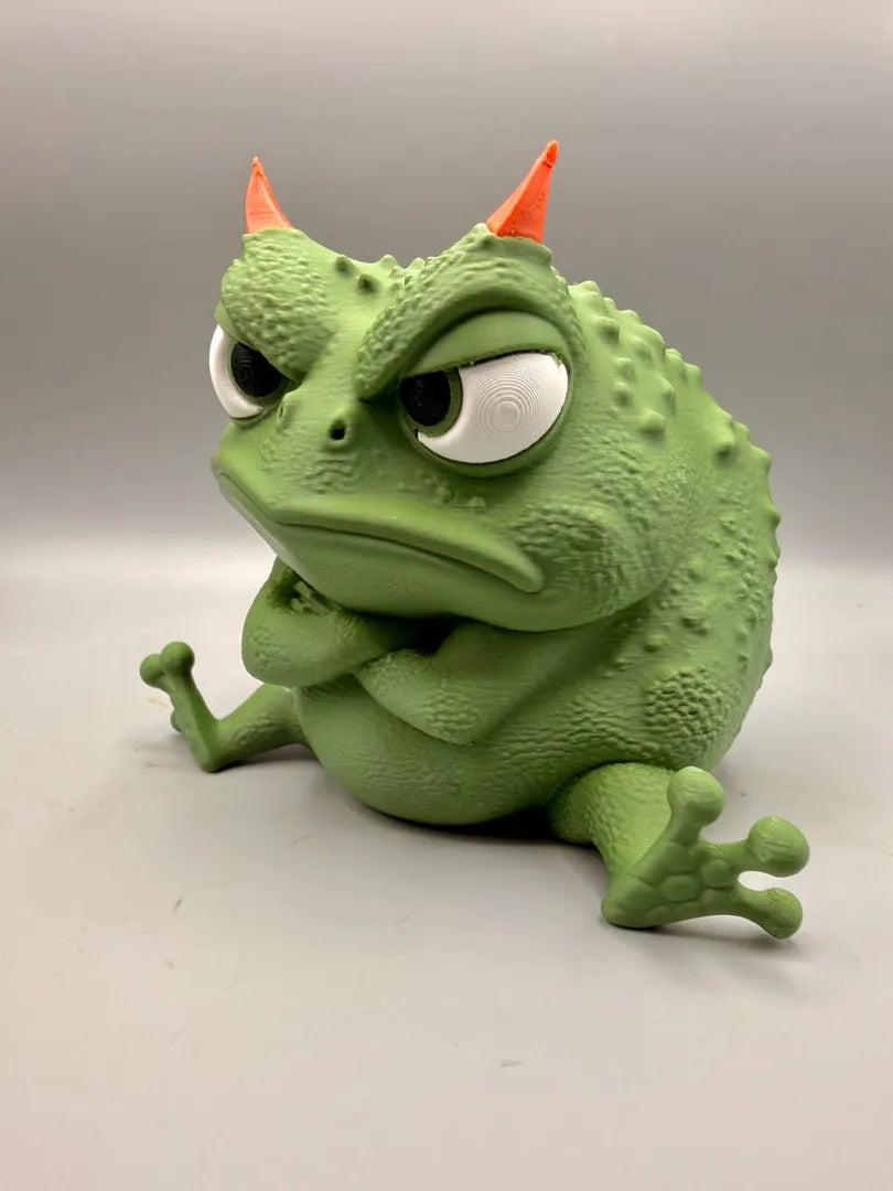 Grumpy Frog sculpture, three-quarter view