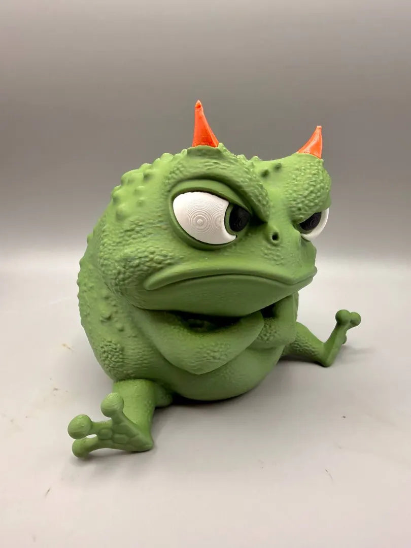 Grumpy Frog sculpture, three-quarter view