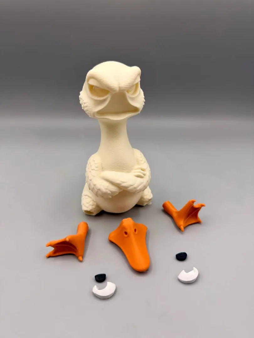 Grumpy Goose shown with its separately printed parts before assembly