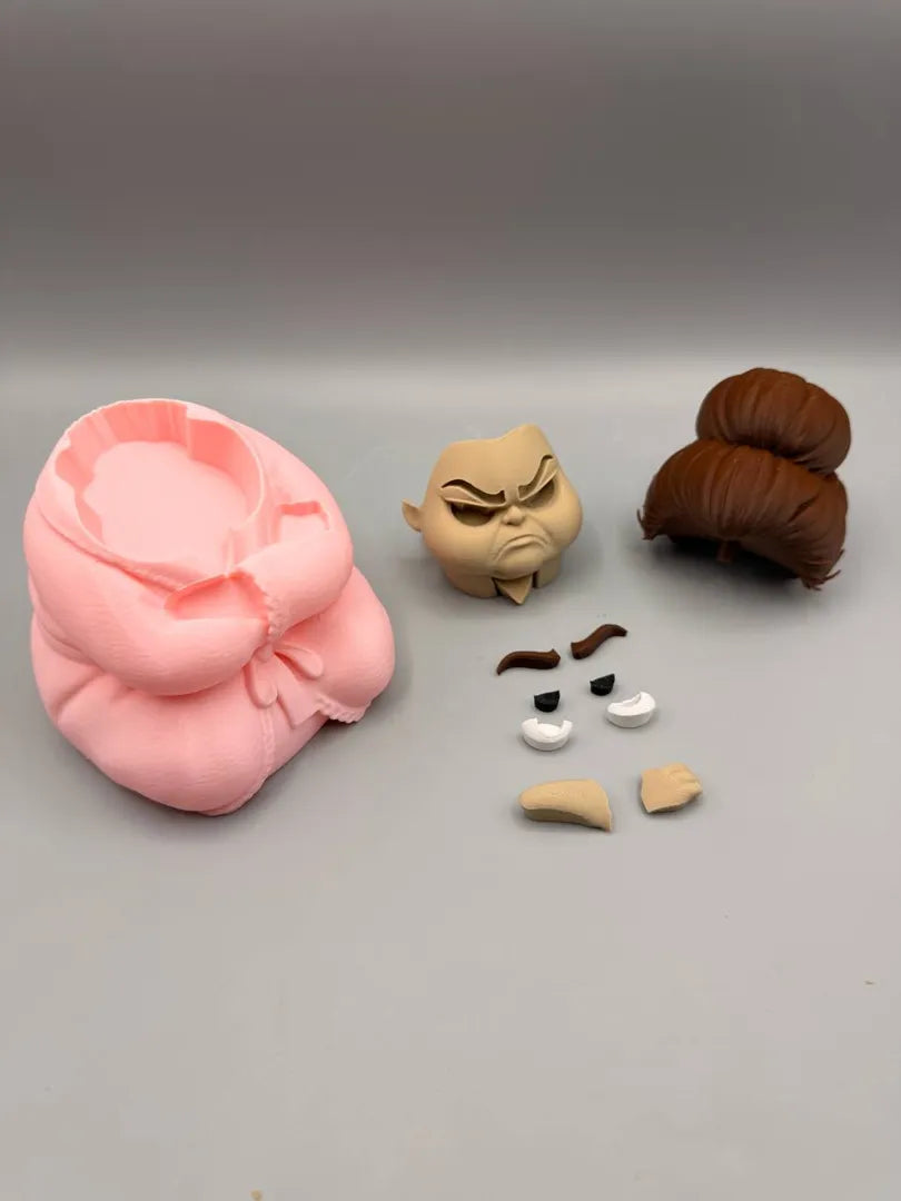 Grumpy Mom shown with its separately printed parts before assembly