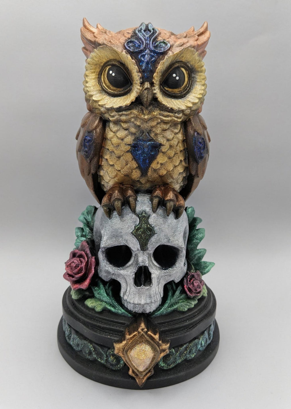 Necro Owl Skull Relic, hand-finished by Tonya Taylor, front view