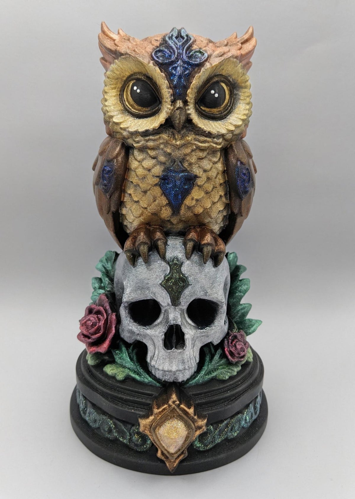Necro Owl Skull Relic, hand-finished by Tonya Taylor, front view
