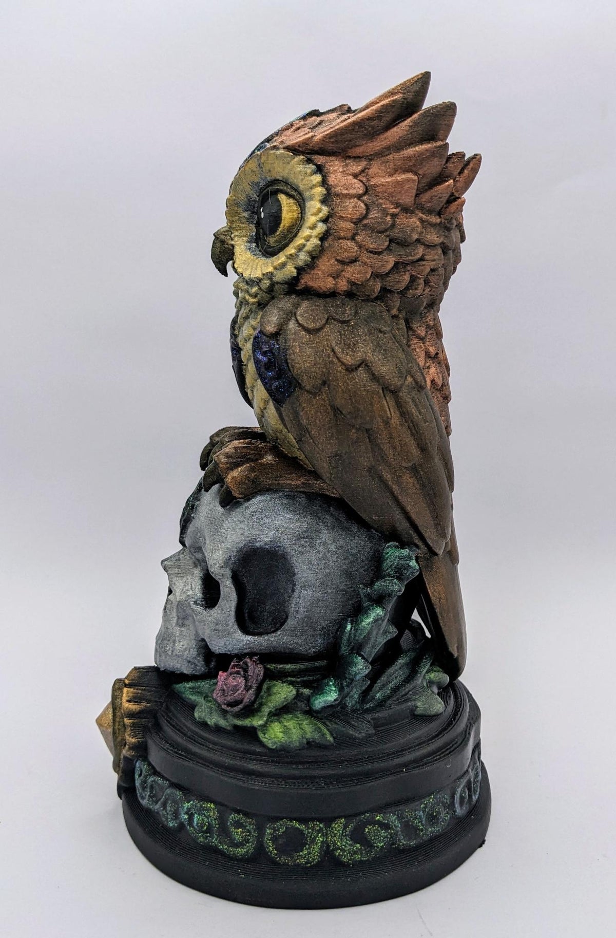 Necro Owl Skull Relic, hand-finished by Tonya Taylor, left view