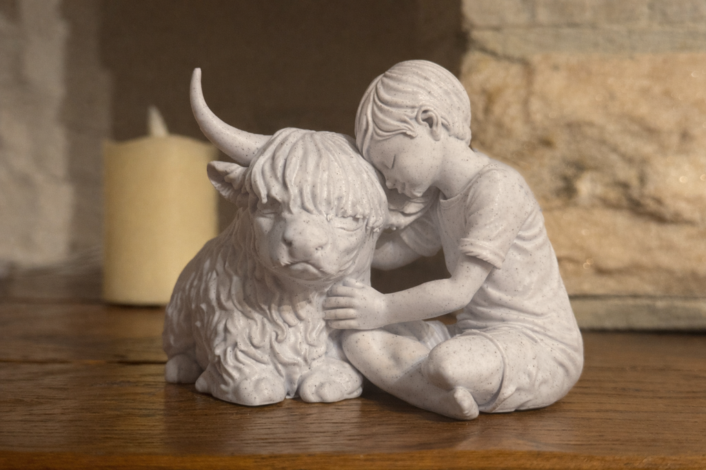 Gentle Bond Boy and Highland Cow sculpture