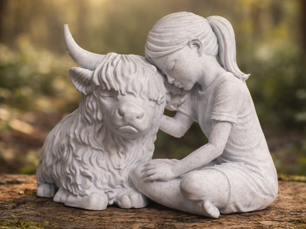 Gentle Bond Girl and Highland Cow sculpture